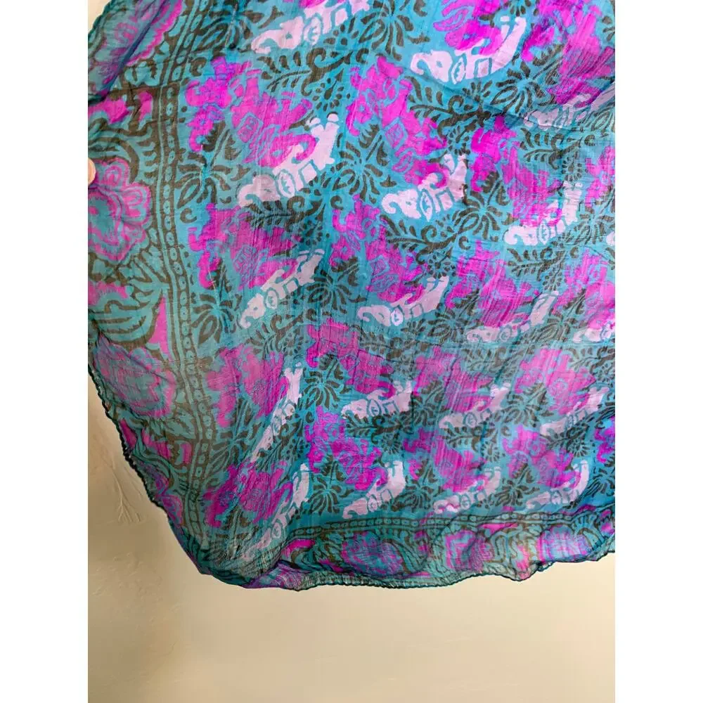 Green Pink Purple Floral Batik? Silk Scarf 29 x 27
